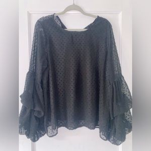 RACHEL black blouse with cascading balloon sleeve and dot detailing